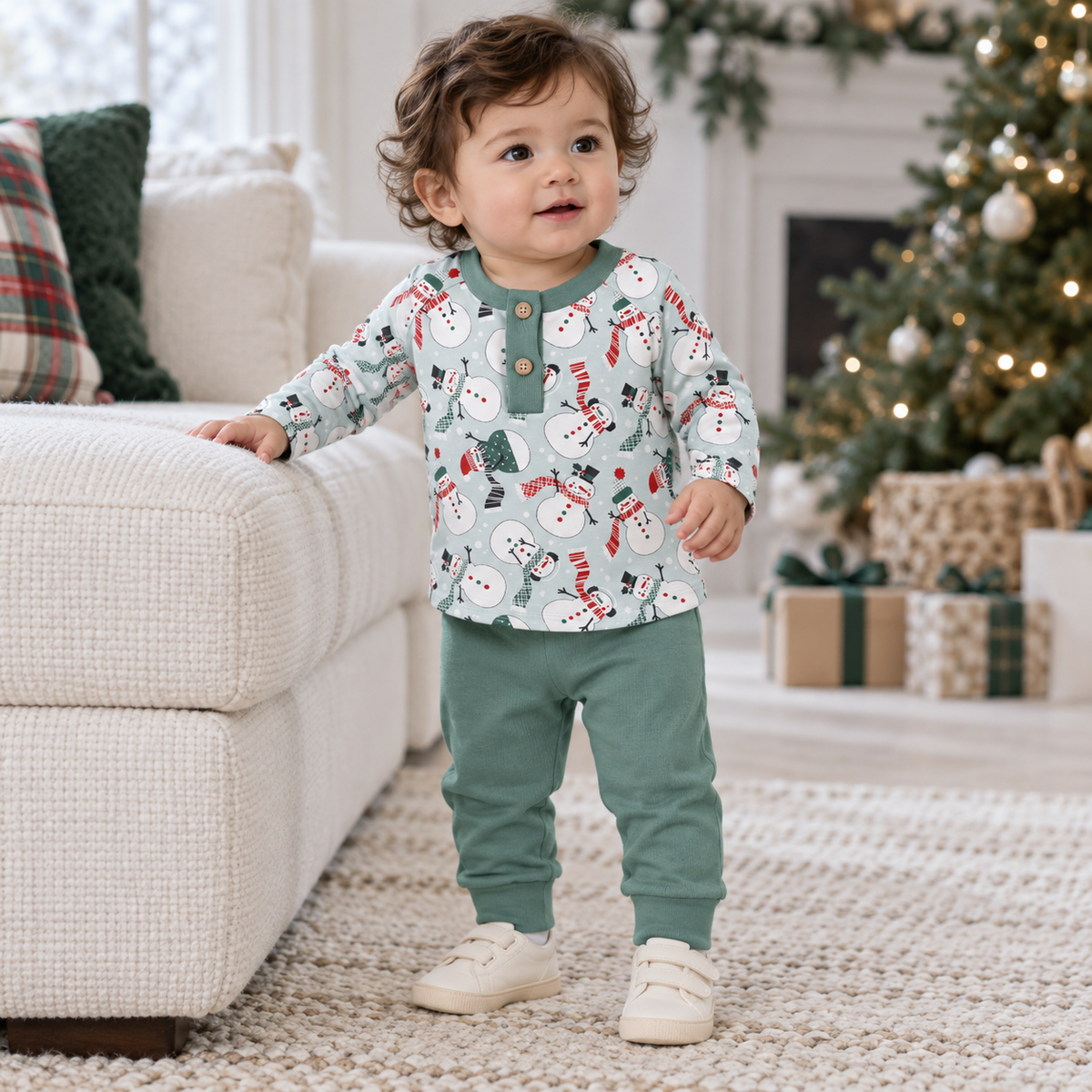 Christmas Snowmen Baby Boy's Bamboo Henley Top & Pants - Tesa Babe - Flyclothing LLC