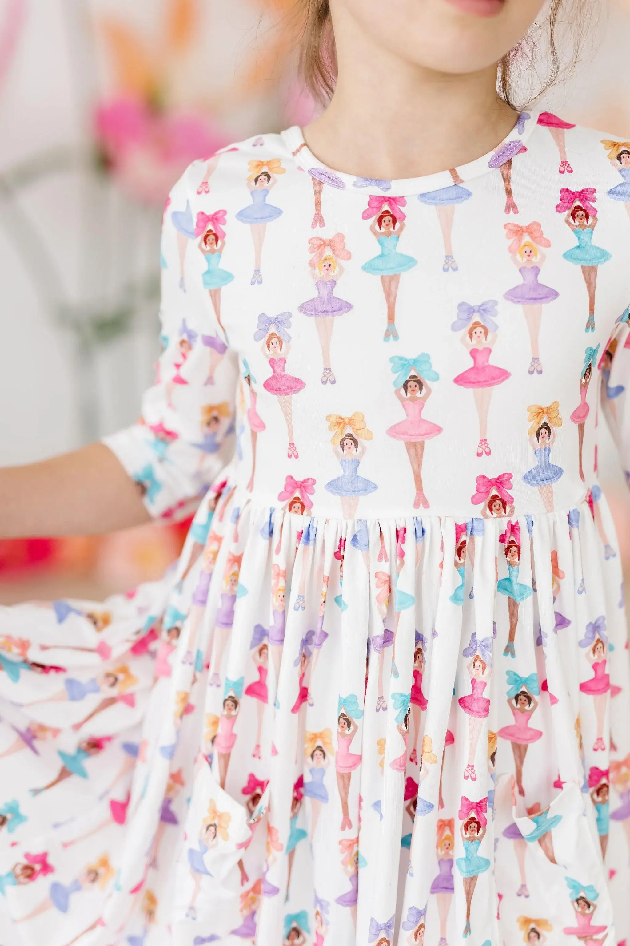 Ballerina Bows 3/4 Sleeve Pocket Twirl Dress - Mila & Rose ® - Flyclothing LLC