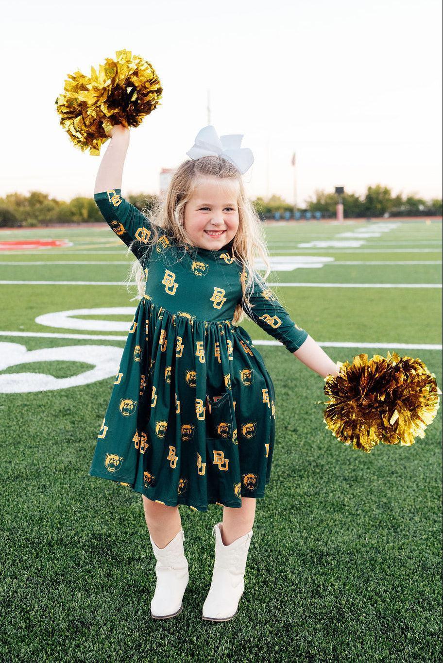 Baylor Green Bear 3/4 Sleeve Pocket Twirl Dress - Mila & Rose ® - Flyclothing LLC