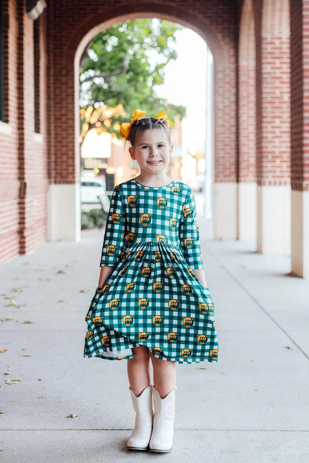 Baylor Plaid Bear 3/4 Sleeve Pocket Twirl Dress - Mila & Rose ® - Flyclothing LLC
