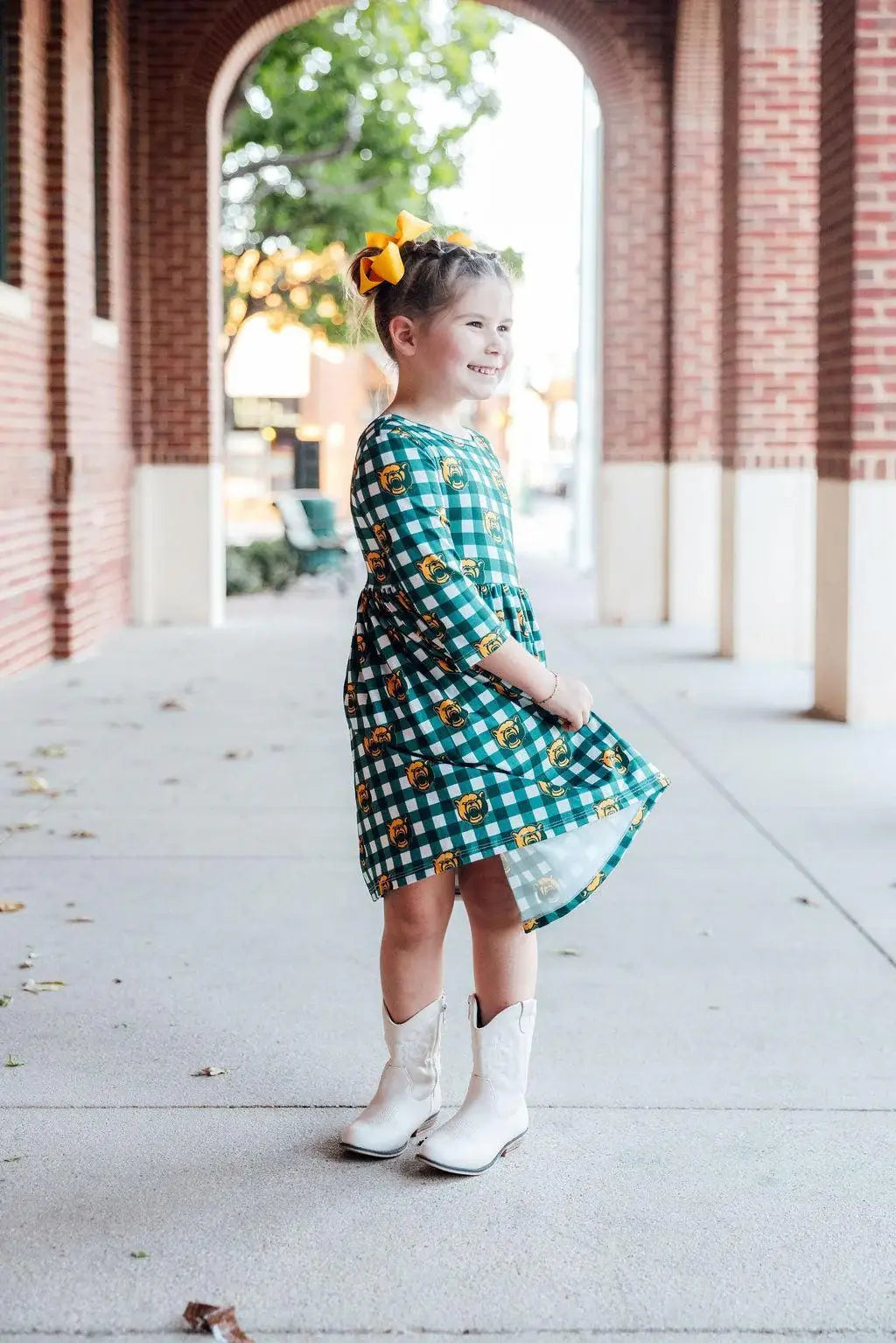 Baylor Plaid Bear 3/4 Sleeve Pocket Twirl Dress - Mila & Rose ® - Flyclothing LLC