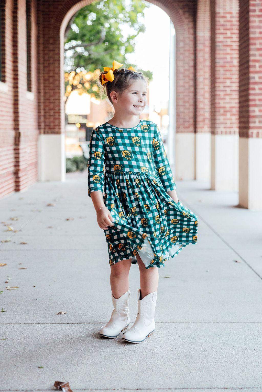 Baylor Plaid Bear 3/4 Sleeve Pocket Twirl Dress - Mila & Rose ® - Flyclothing LLC