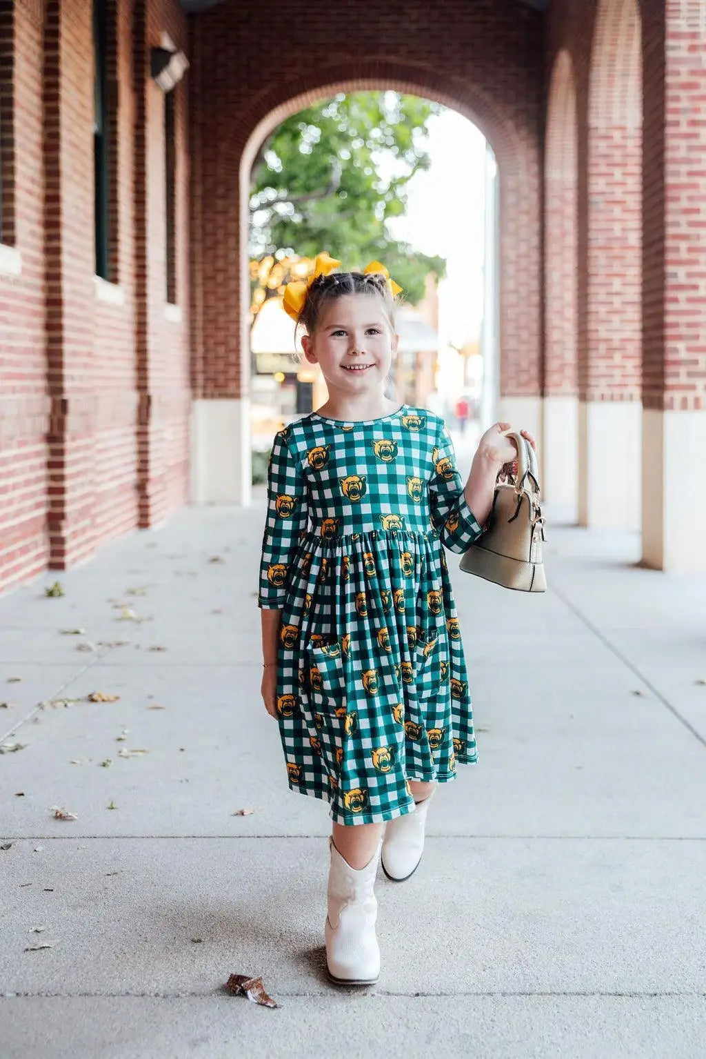 Baylor Plaid Bear 3/4 Sleeve Pocket Twirl Dress - Mila & Rose ® - Flyclothing LLC