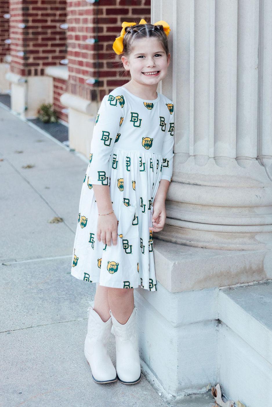 Baylor White Bear 3/4 Sleeve Pocket Twirl Dress - Mila & Rose ® - Flyclothing LLC