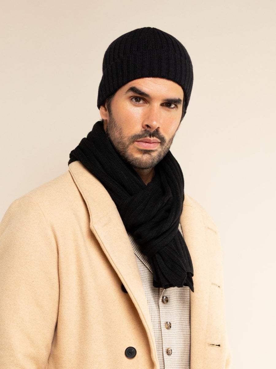 Milano (black) - Italian 100% cashmere ribbed beanie (unisex)