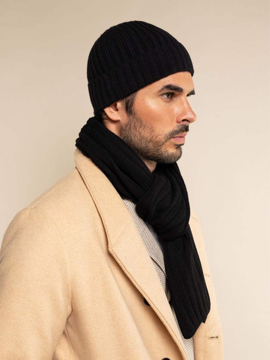 Milano (black) - Italian 100% cashmere ribbed beanie (unisex)
