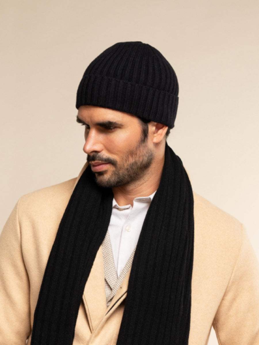 Milano (black) - Italian 100% cashmere ribbed beanie (unisex)