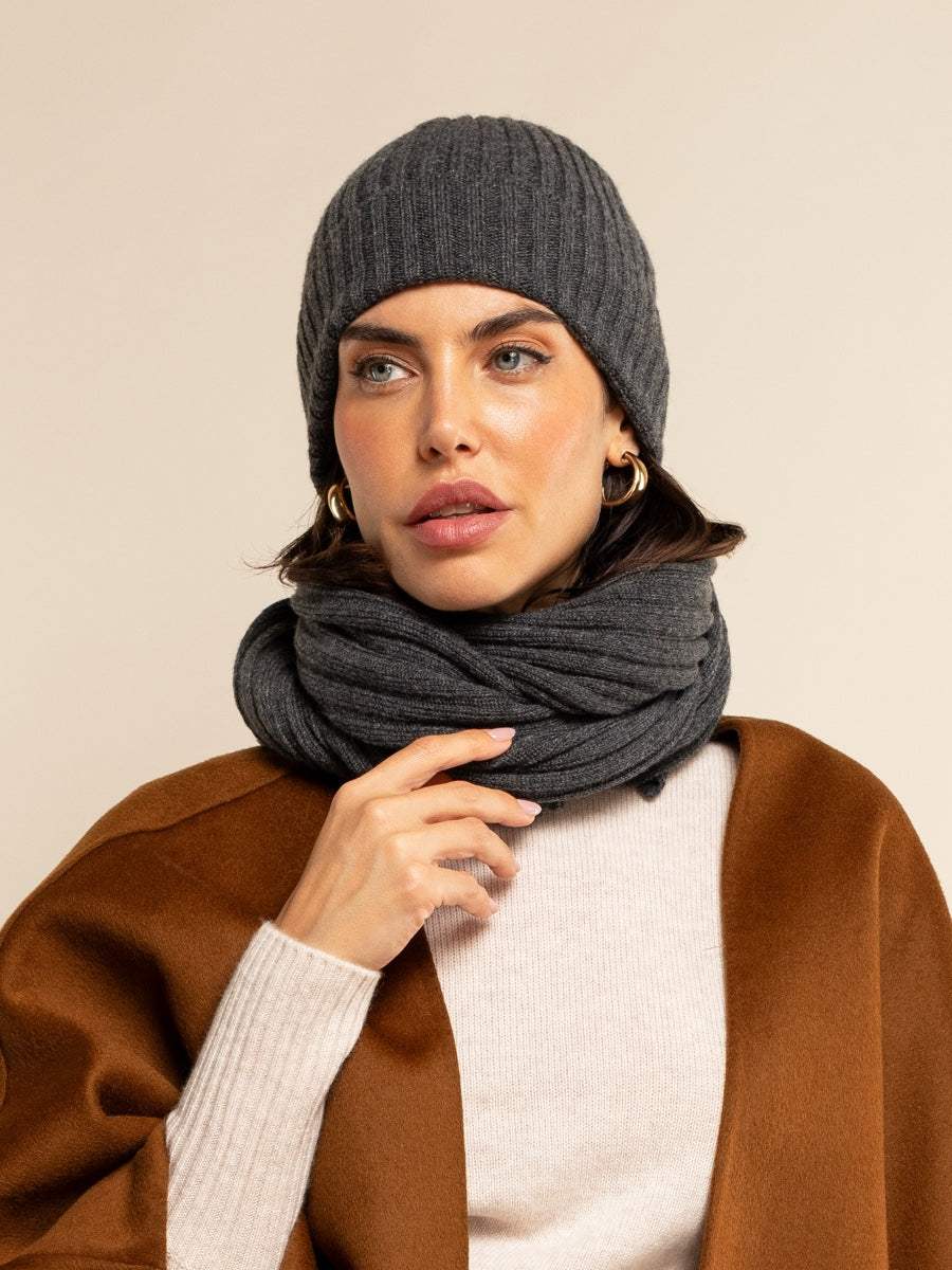 Milano (dark grey) - Italian 100% cashmere ribbed beanie (unisex)
