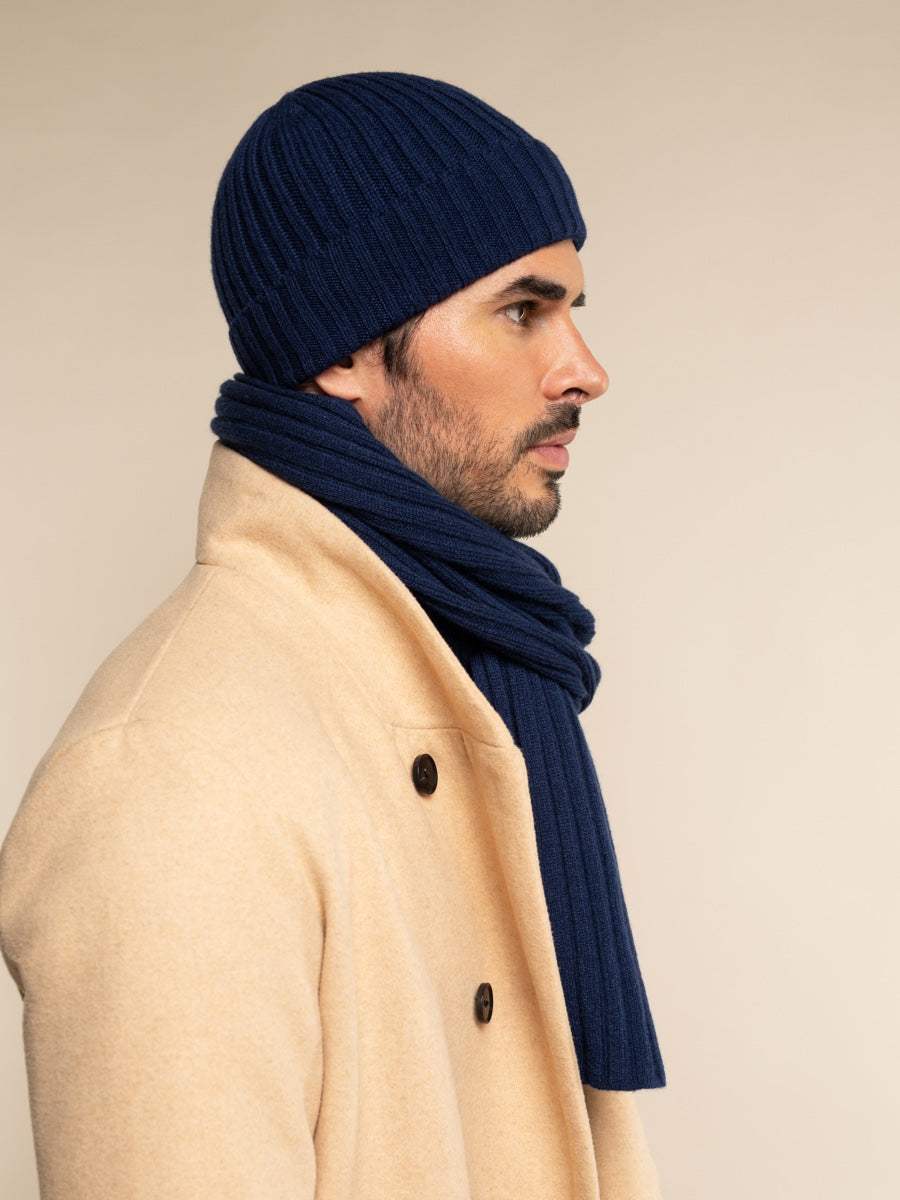 Milano (navy blue) - Italian 100% cashmere ribbed beanie (unisex) - Leather Gloves Online - Flyclothing LLC