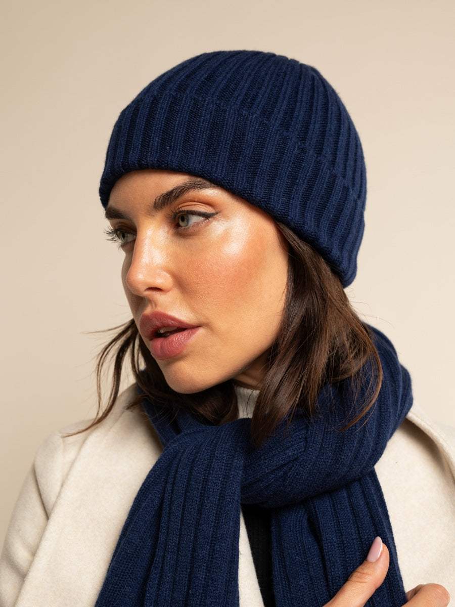 Milano (navy blue) - Italian 100% cashmere ribbed beanie (unisex) - Leather Gloves Online - Flyclothing LLC