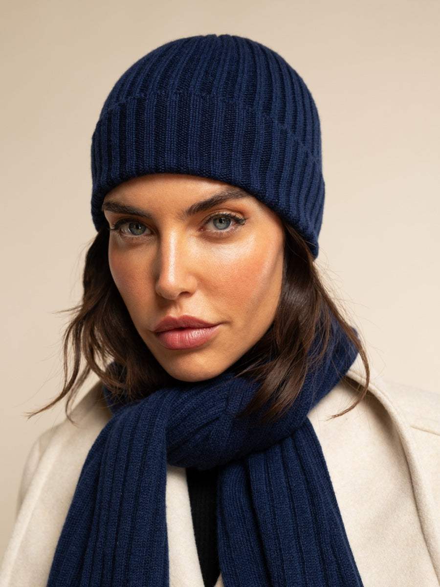 Milano (navy blue) - Italian 100% cashmere ribbed beanie (unisex) - Leather Gloves Online - Flyclothing LLC