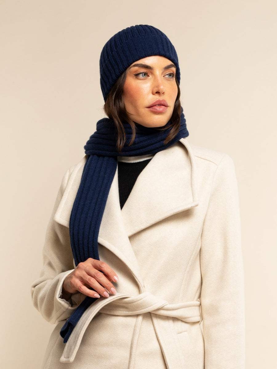 Milano (navy blue) - Italian 100% cashmere ribbed beanie (unisex) - Leather Gloves Online - Flyclothing LLC
