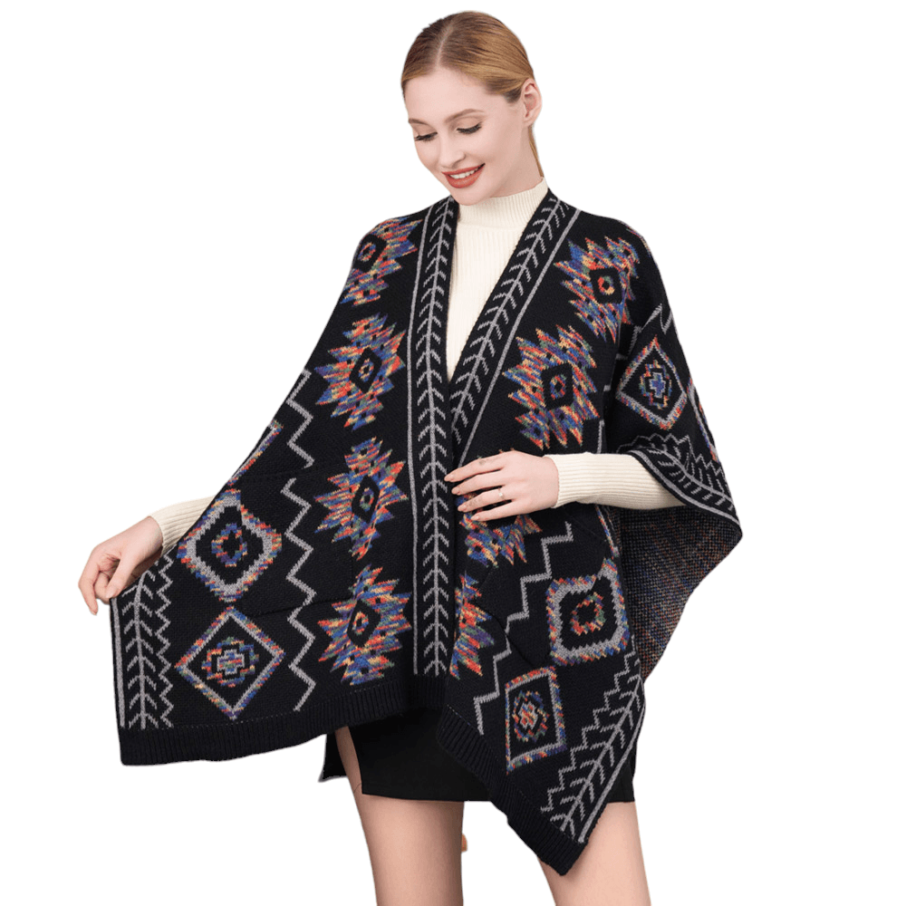 Beautiful Boho Patterned Front Pockets Poncho - Madeline Love - Flyclothing LLC