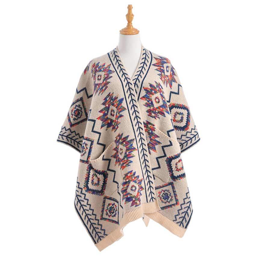 Beautiful Boho Patterned Front Pockets Poncho - Madeline Love - Flyclothing LLC