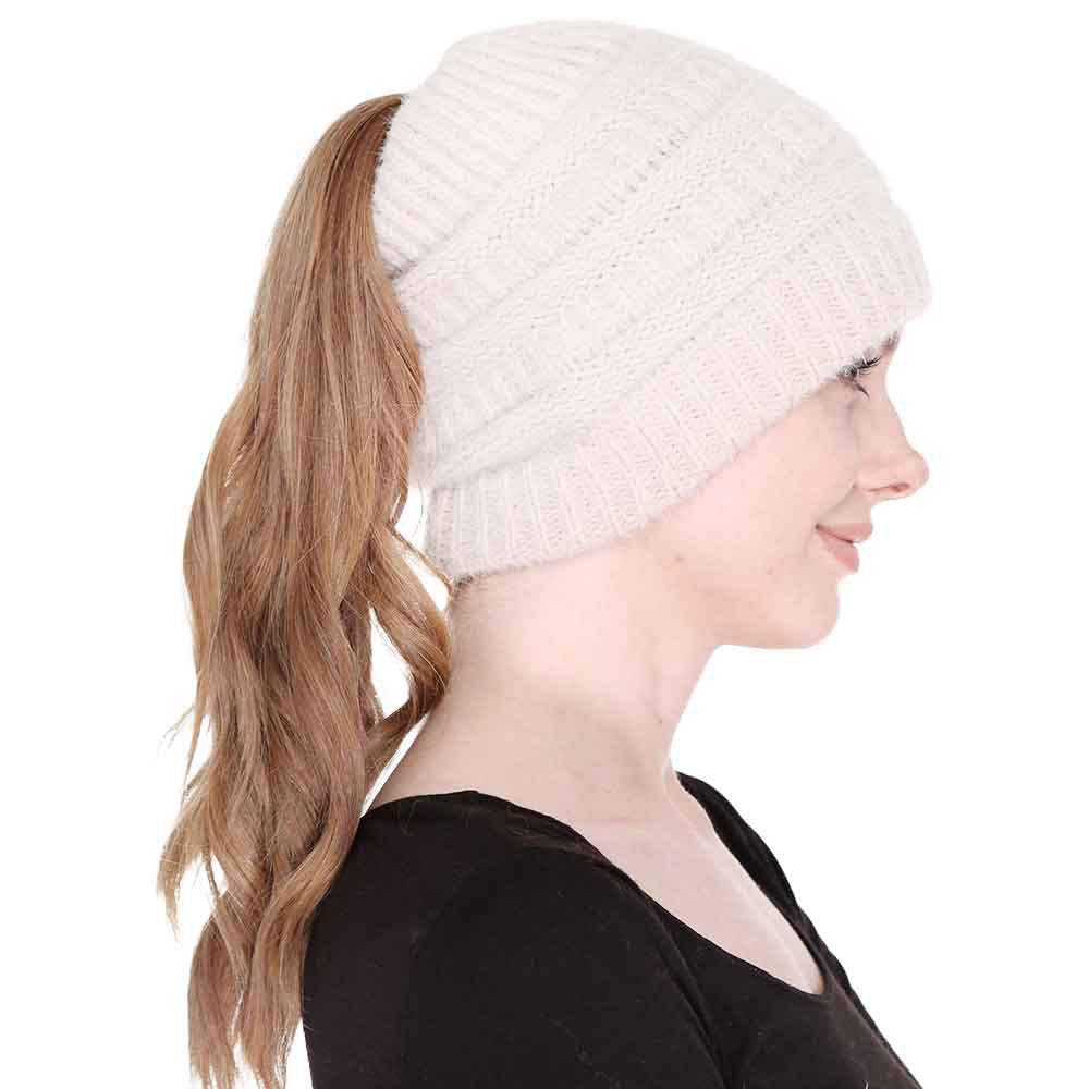 Cable Knit Ponytail Beanie Hat - Madeline Love - Flyclothing LLC