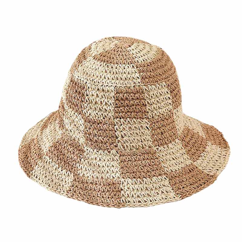 Checkerboard Patterned Straw Bucket Hat - Madeline Love - Flyclothing LLC