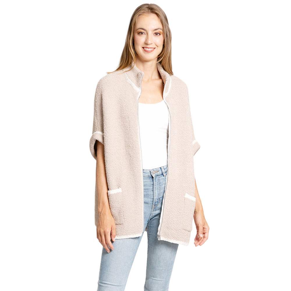 Colored Edge Front Pockets Zipper Cape Ruana Jacket - Madeline Love - Flyclothing LLC