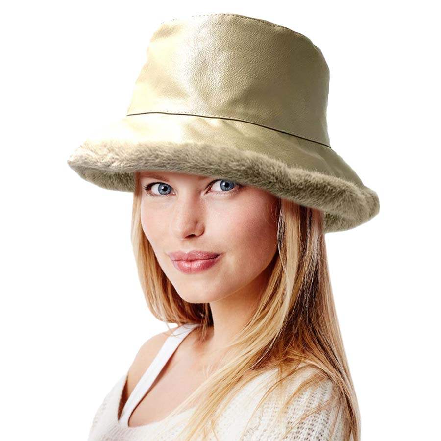 Faux Fur Inside Brim Solid Bucket Hat - Madeline Love - Flyclothing LLC