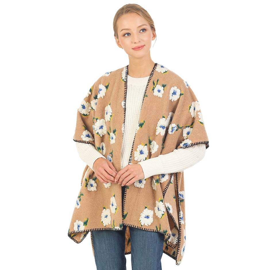 Floral Pattern Wool Blended Winter Kimono Poncho - Madeline Love - Flyclothing LLC