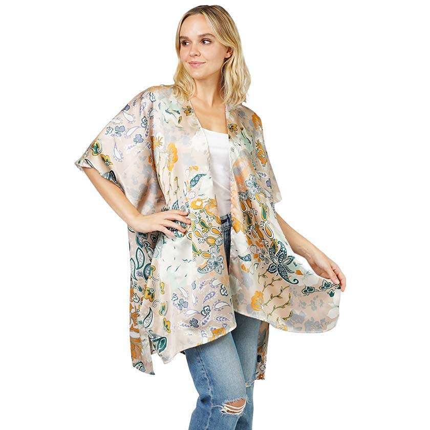 Floral Patterned Satin Cover Up Kimono Poncho - Madeline Love - Flyclothing LLC