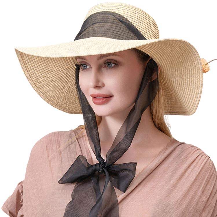 Mesh Ribbon Floppy Straw Sun Hat - Madeline Love - Flyclothing LLC
