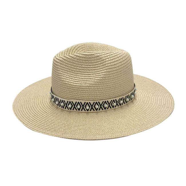 Pearl Embellished Aztec Band Panama Sun Hat - Madeline Love - Flyclothing LLC