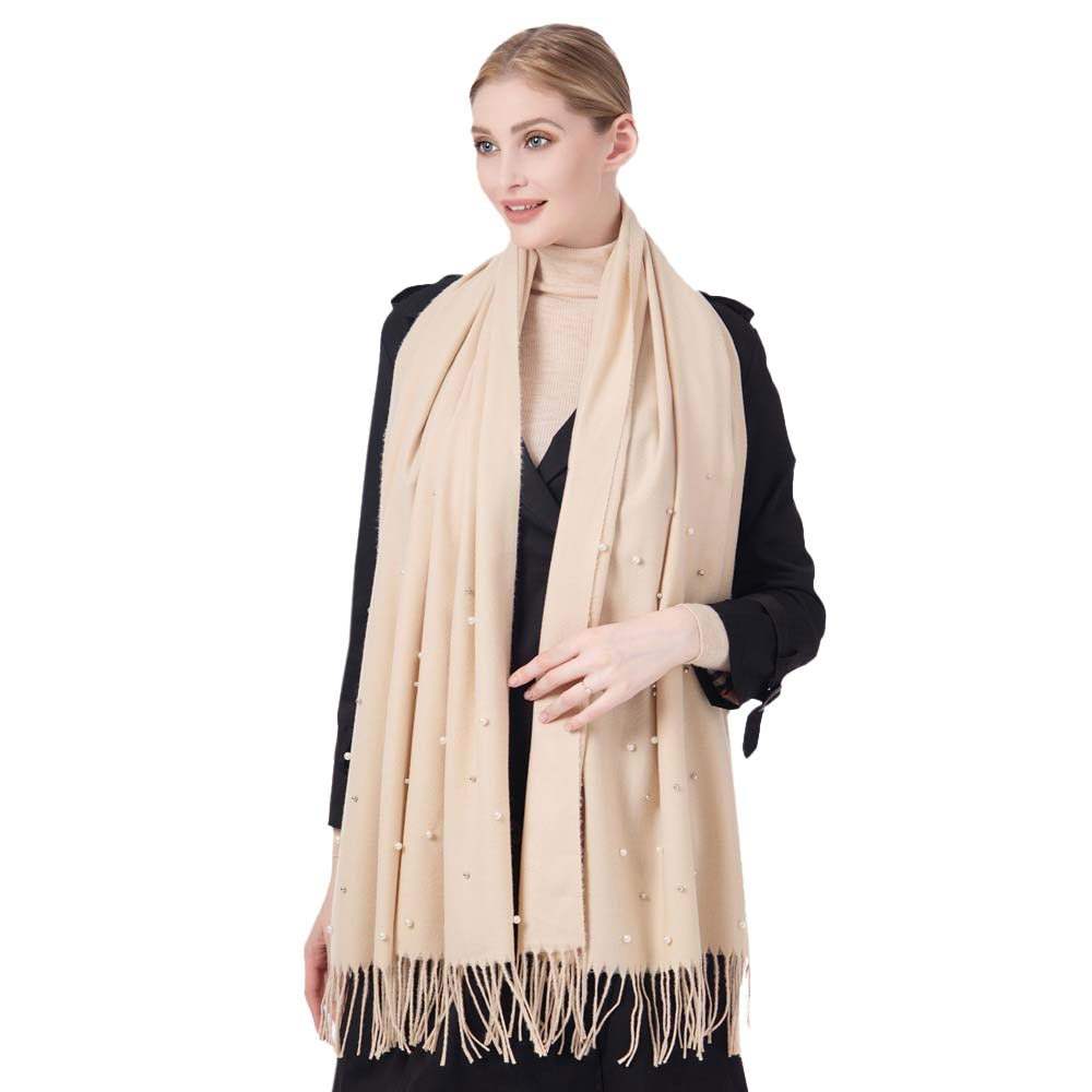 Pearl Embellished Solid Oblong Scarf - Madeline Love - Flyclothing LLC