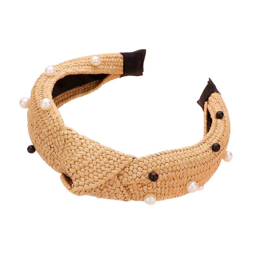 Pearl Embellished Straw Knot Burnout Headband - Madeline Love - Flyclothing LLC