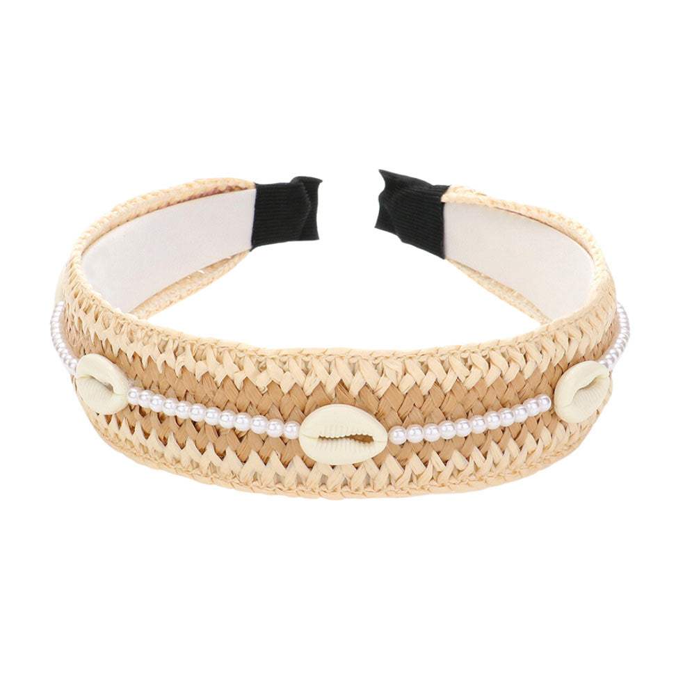 Pearl Puka Shell Embellished Woven Straw Headband - Madeline Love - Flyclothing LLC
