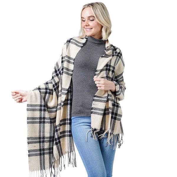 Plaid Check Oblong Scarf With Tassel - Madeline Love - Flyclothing LLC
