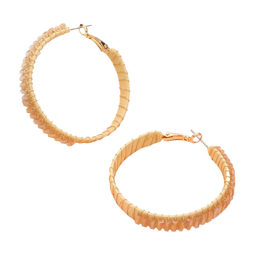 Rectangle Bead Trimmed Raffia Wrapped Hoop Earrings - Madeline Love - Flyclothing LLC