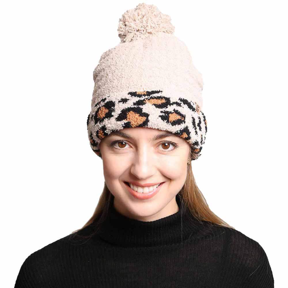 Solid Color Linked Leopard Accented Pom Pom Beanie Hats - Madeline Love - Flyclothing LLC