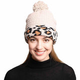 Solid Color Linked Leopard Accented Pom Pom Beanie Hats - Madeline Love - Flyclothing LLC