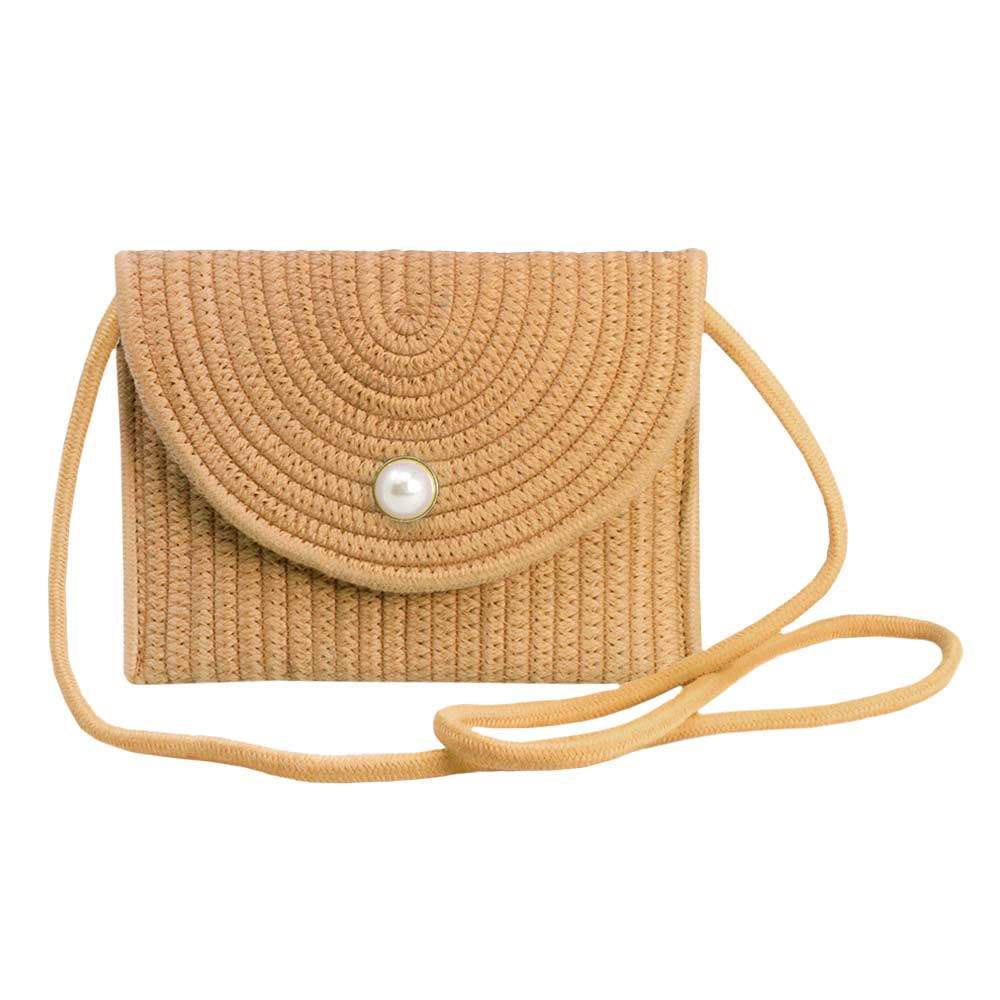 Solid Color With Pearl Button Straw Micro Crossbody Bag - Madeline Love - Flyclothing LLC