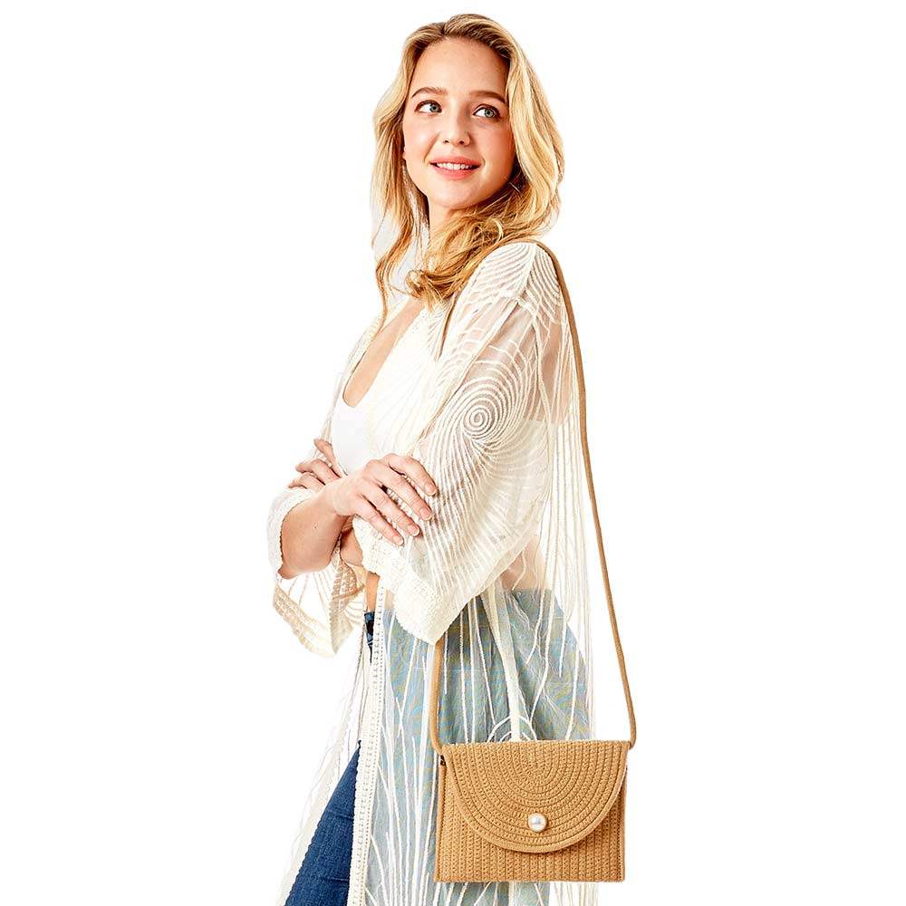 Solid Color With Pearl Button Straw Micro Crossbody Bag - Madeline Love - Flyclothing LLC