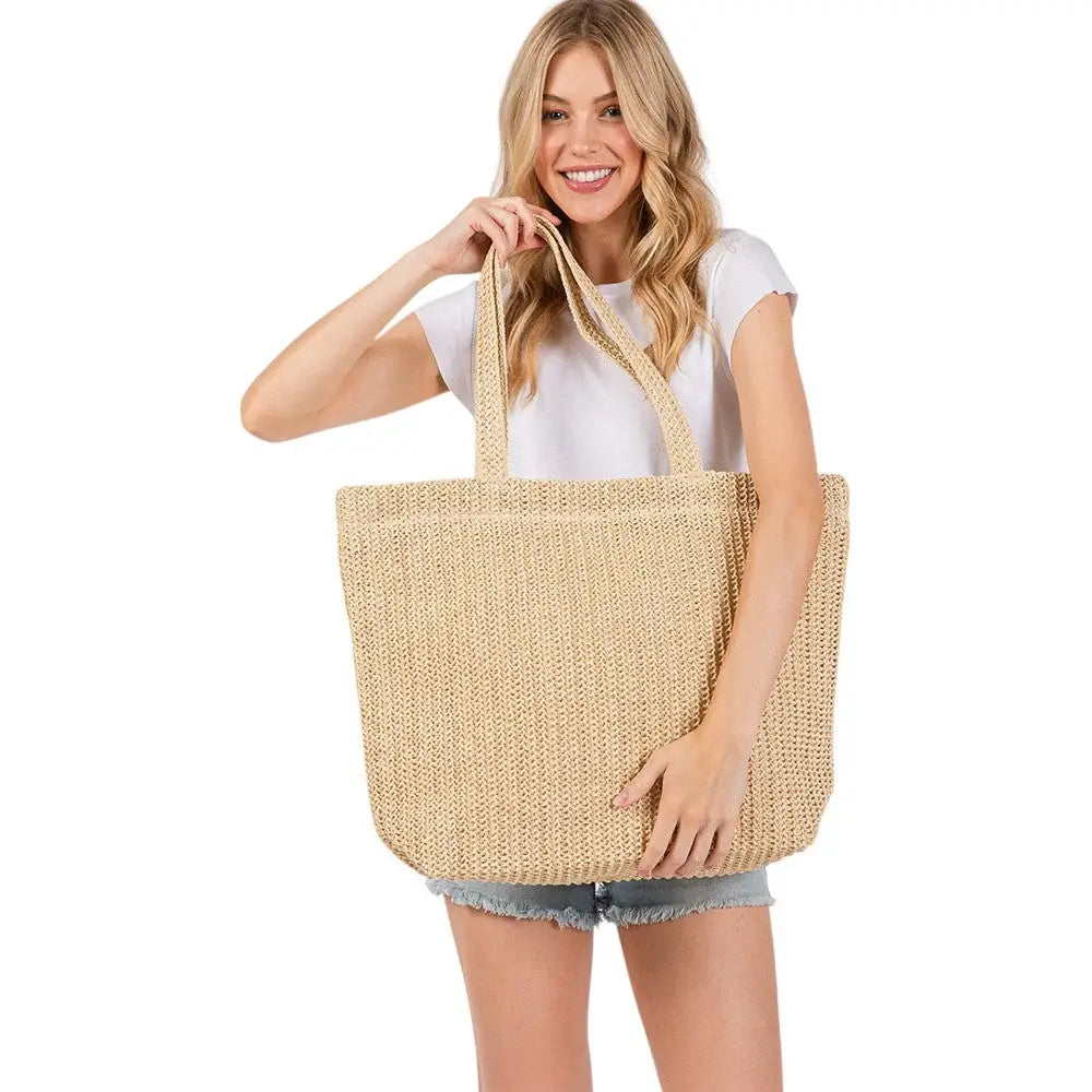 Solid Crochet Straw Tote Bag / Beach Bag - Madeline Love - Flyclothing LLC