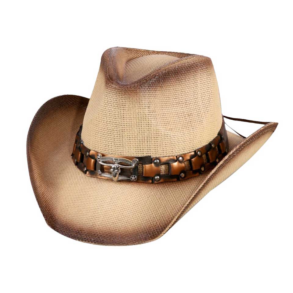 Steer Head Accented Faux Leather Band Straw Cowboy Hat - Madeline Love - Flyclothing LLC