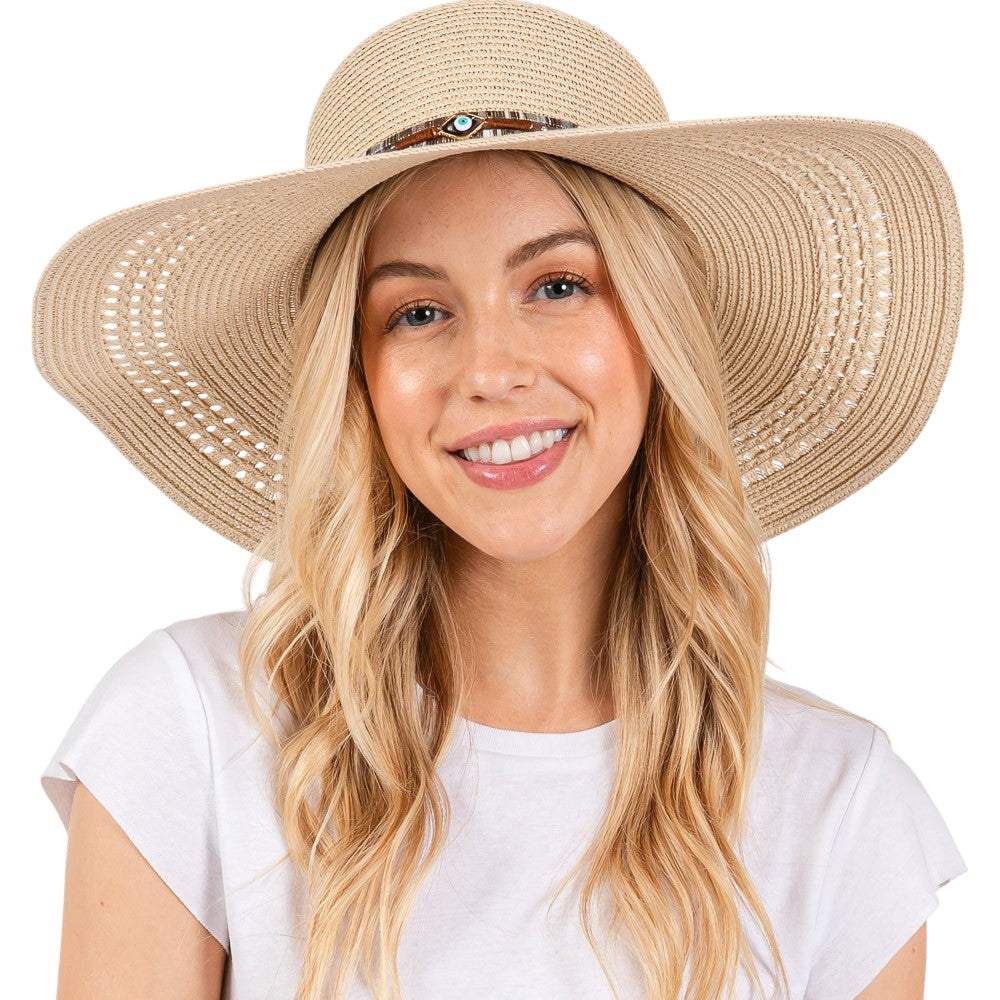 Wide Brim Straw Sun Hat with Evil Eye and Multi Design Band - Madeline Love - Flyclothing LLC