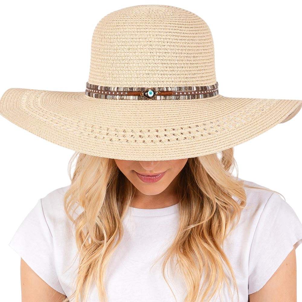 Wide Brim Straw Sun Hat with Evil Eye and Multi Design Band - Madeline Love - Flyclothing LLC