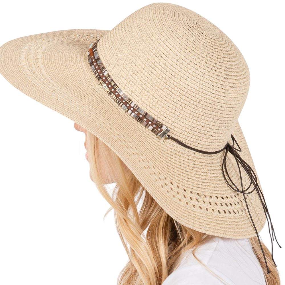 Wide Brim Straw Sun Hat with Evil Eye and Multi Design Band - Madeline Love - Flyclothing LLC