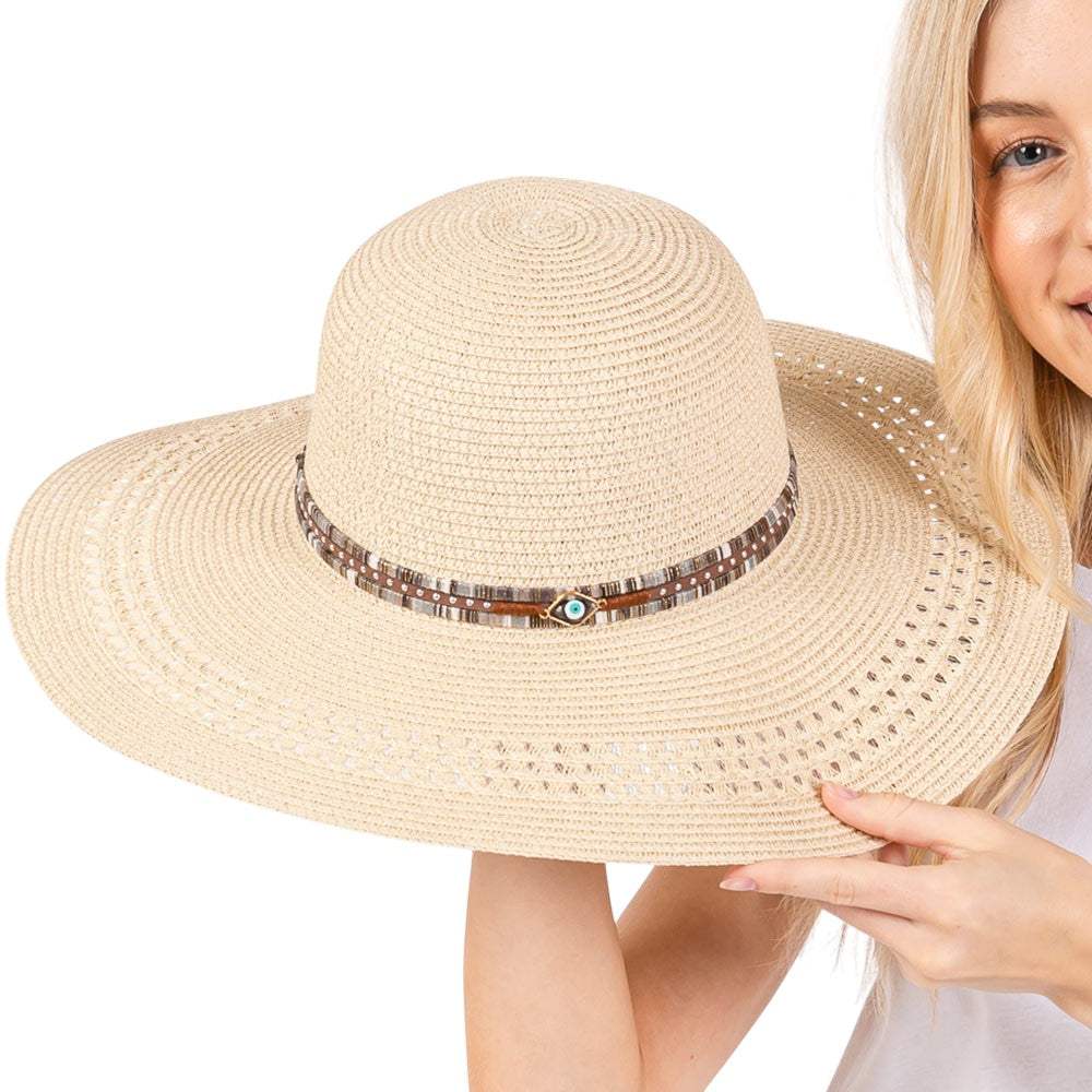 Wide Brim Straw Sun Hat with Evil Eye and Multi Design Band - Madeline Love - Flyclothing LLC