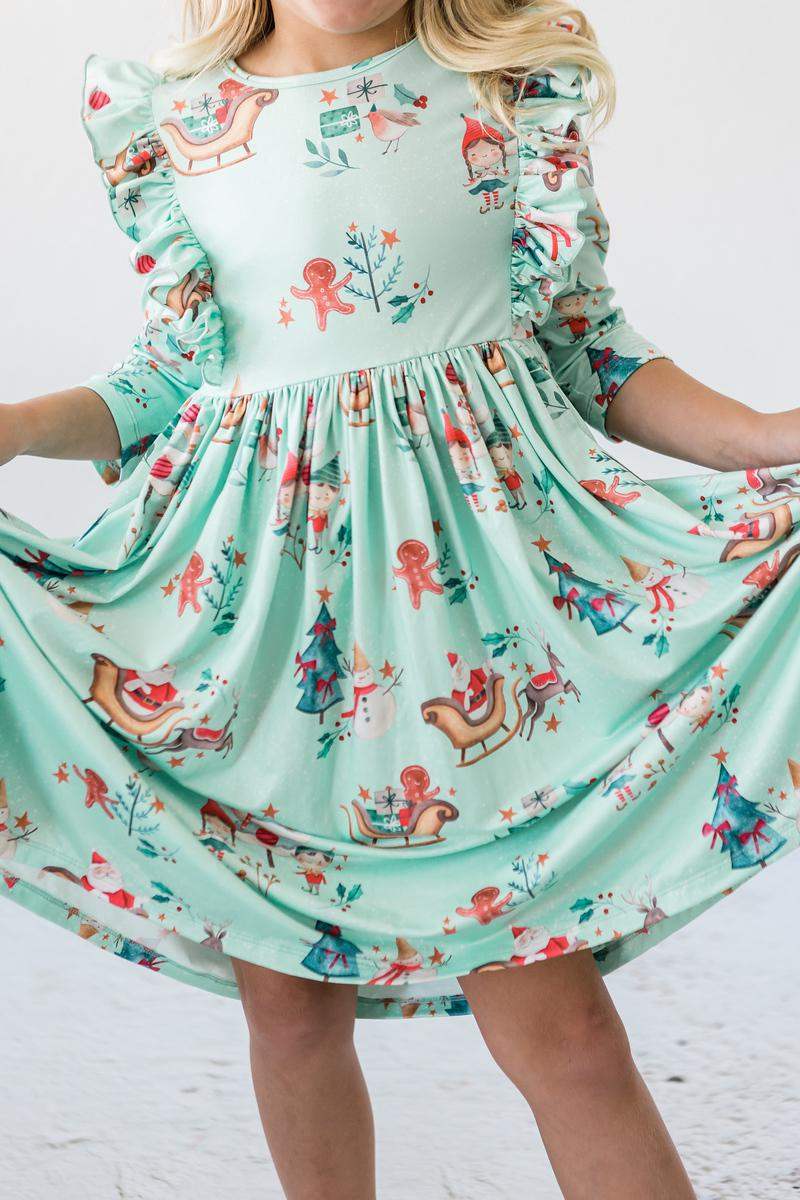 Believe in Your Elf 3/4 Sleeve Ruffle Twirl Dress - Mila & Rose ® - Flyclothing LLC