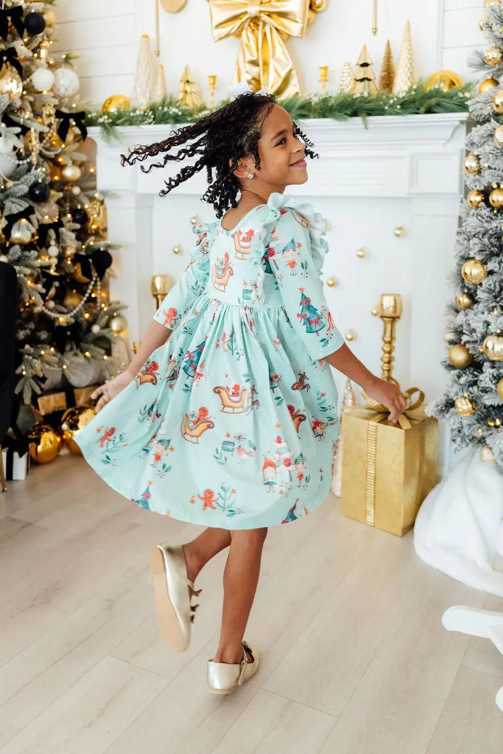 Believe in Your Elf 3/4 Sleeve Ruffle Twirl Dress - Mila & Rose ® - Flyclothing LLC