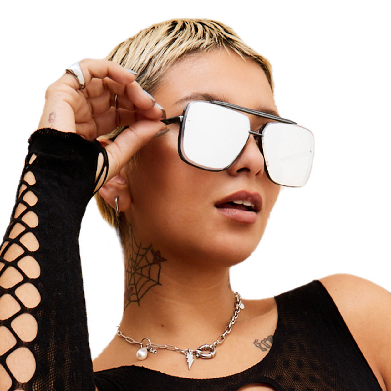 Bella - Chrome Black Oversized Squared Aviators - TopFoxx - Flyclothing LLC