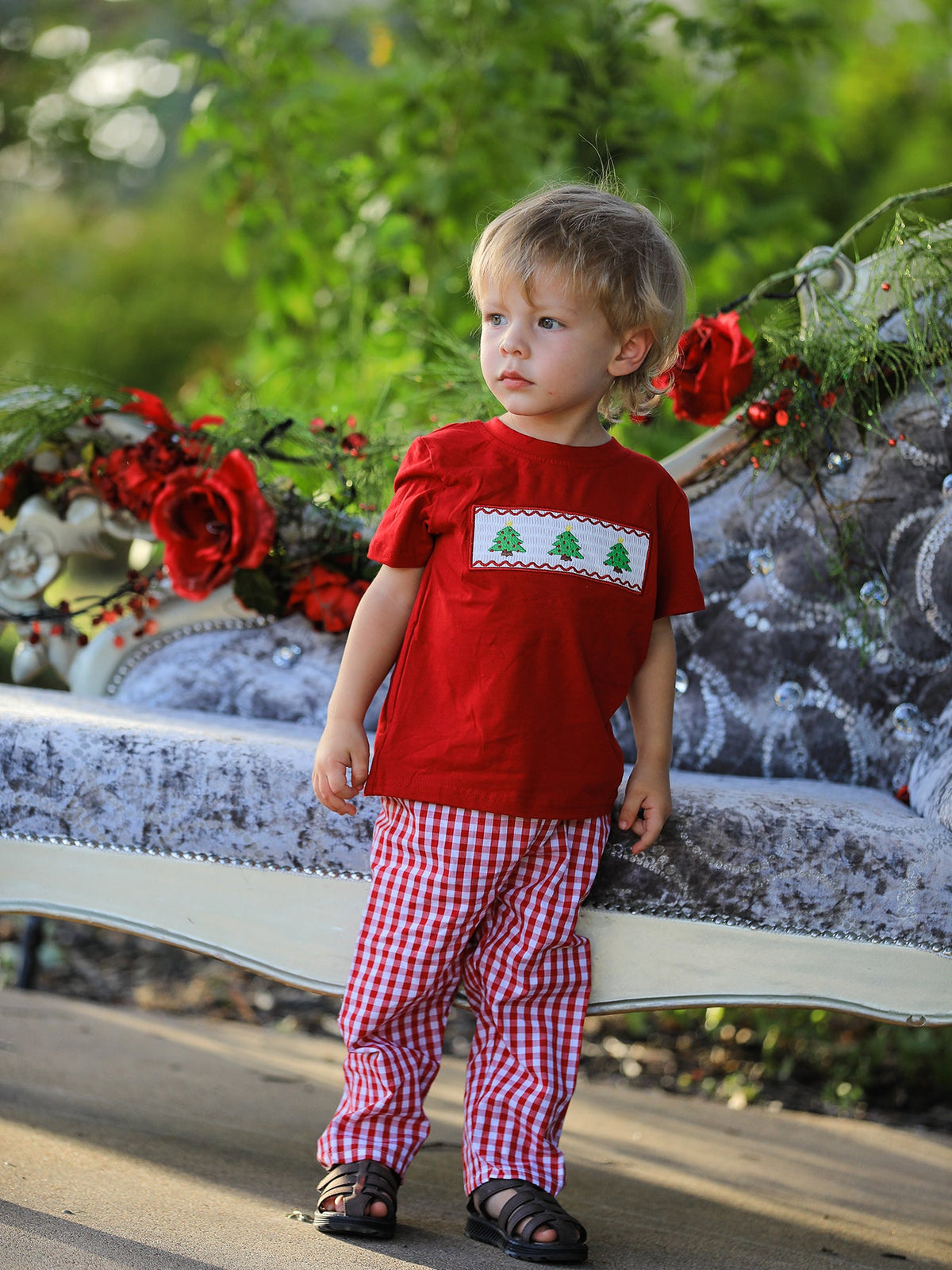 Christmas Smocking Embroidered Christmas Tree Plaid Boys Set - Rylee Faith Designs - Flyclothing LLC