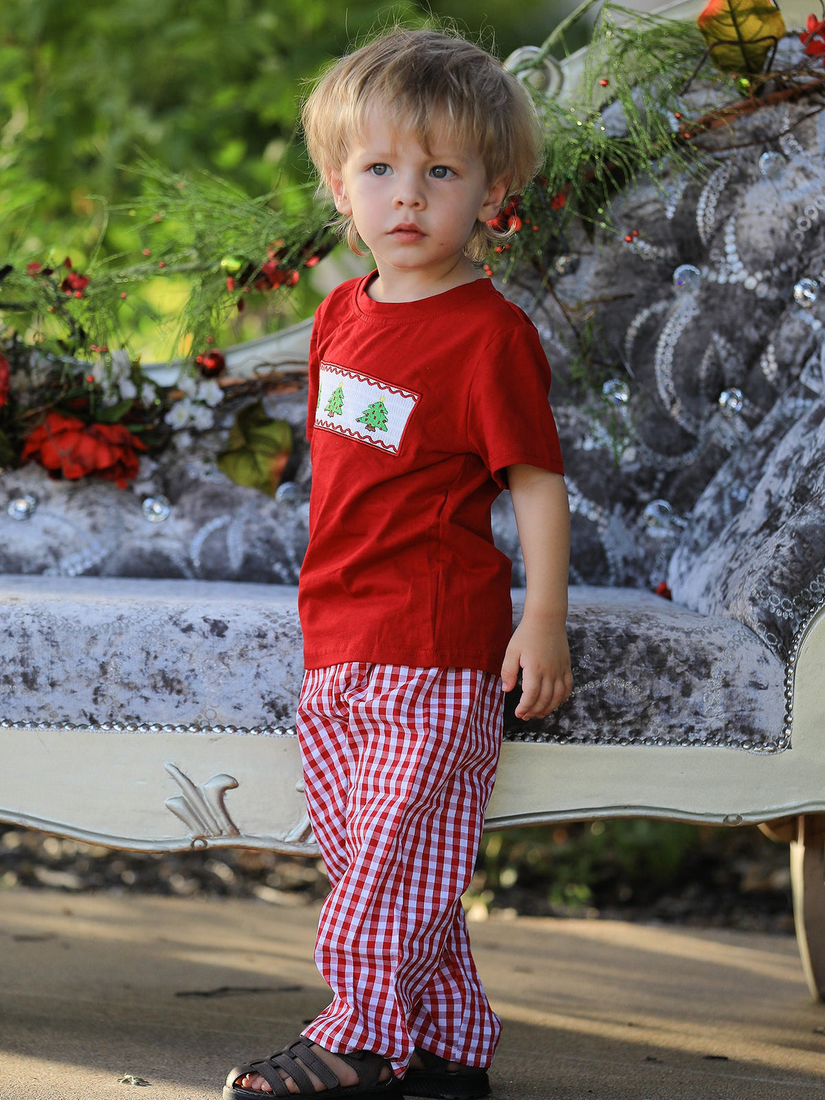Christmas Smocking Embroidered Christmas Tree Plaid Boys Set - Rylee Faith Designs - Flyclothing LLC