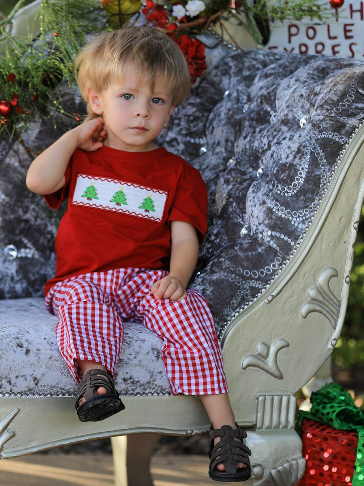 Christmas Smocking Embroidered Christmas Tree Plaid Boys Set - Rylee Faith Designs - Flyclothing LLC