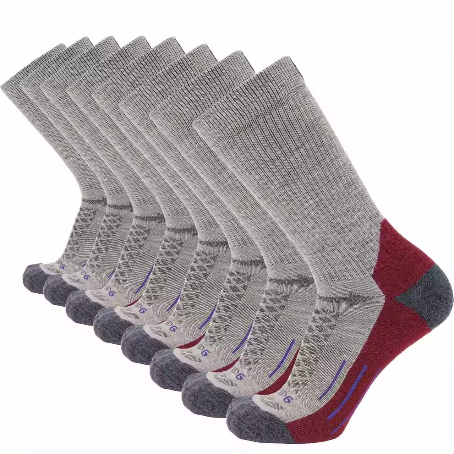 8 Pairs Berry - Hike Crew Midweight Merino Wool Sock - GRIP6 - Flyclothing LLC