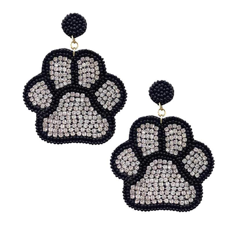 Felt Back Seed Beaded Trimmed Bling Paw Dangle Earrings - Madeline Love - Flyclothing LLC