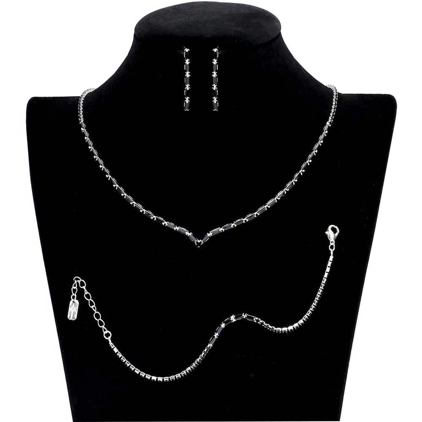 3PCS Chevron Accented Rectangle Stone Necklace Jewelry Set - Madeline Love - Flyclothing LLC